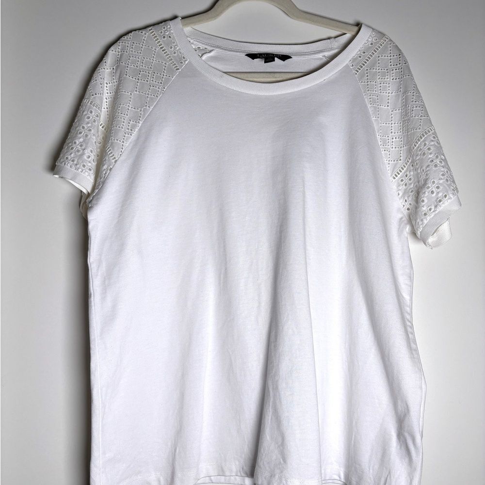 Ralph Lauren Vintage White Eyelet Sleeve Top Preppy Cottagecore Minimalist Tee